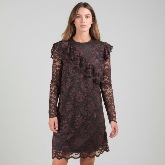 Ganni Flynn Mini Lace Dress in Red Black - size 4 - Picture 1 of 8